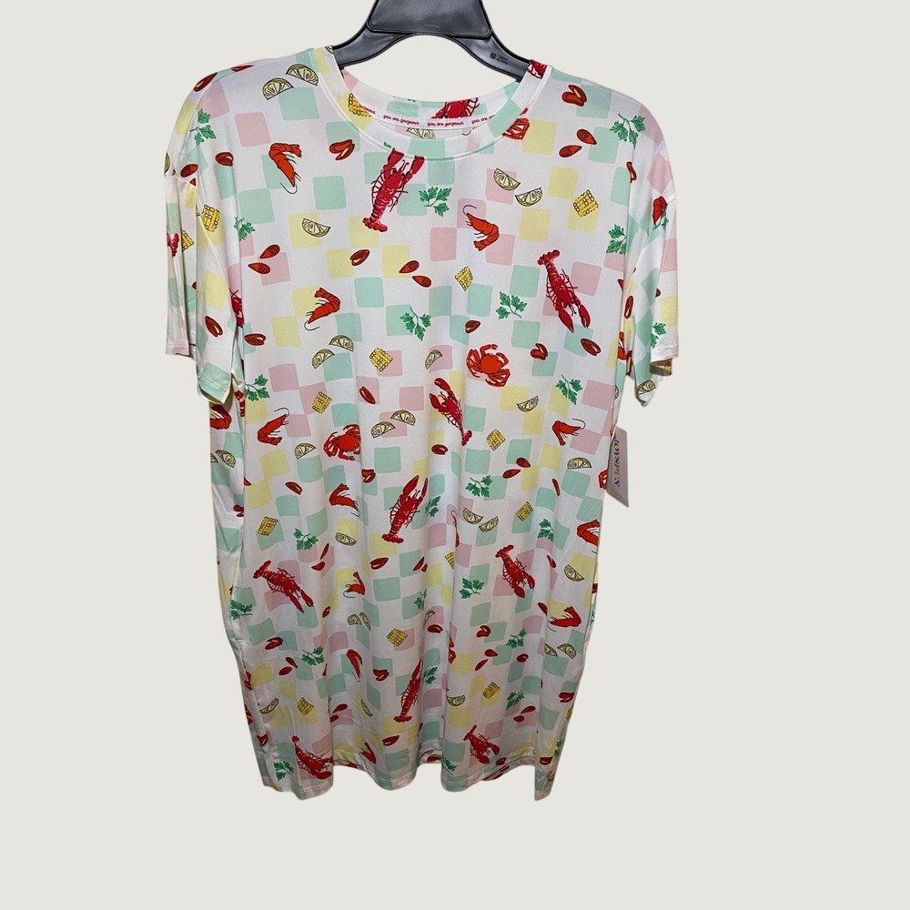 Joyspun Womens Seafood Boil Lobster Print Sleepshirt Nightgown White L-XL NWT